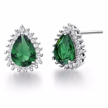 Uloveido Women's Green Teardrop Stud Earrings Pear Shape CZ Crystal Studs Platinum Plated R815 (Green)