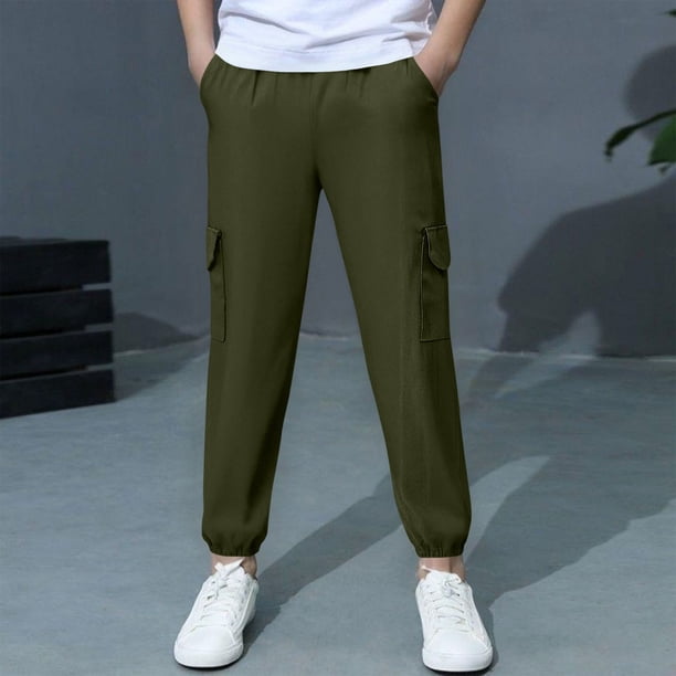 Pantalones largos para niño grande, pantalones multibolsillos, pantalones deportivos hasta el tobillo de color liso para niño, pantalones con cintura elástica, pantalones de algodón para niño