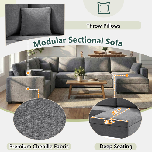 134" U-Shape Modular Sectional Sofa, 5-Seat Couch with Chaise Lounge, Deep Seat, Built-In Cup Holders, Storage Drawer and Pillows, Grey