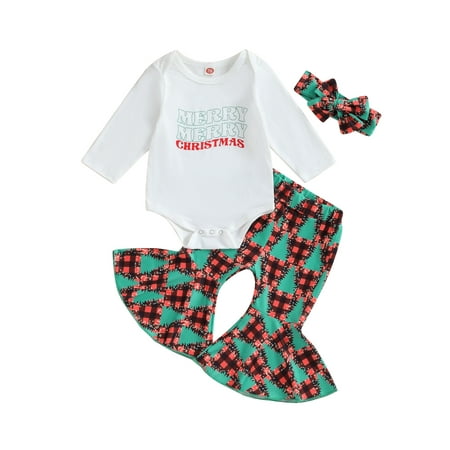 

Girls Christmas Outfits Letter Print Romper and Flared Pants Headband