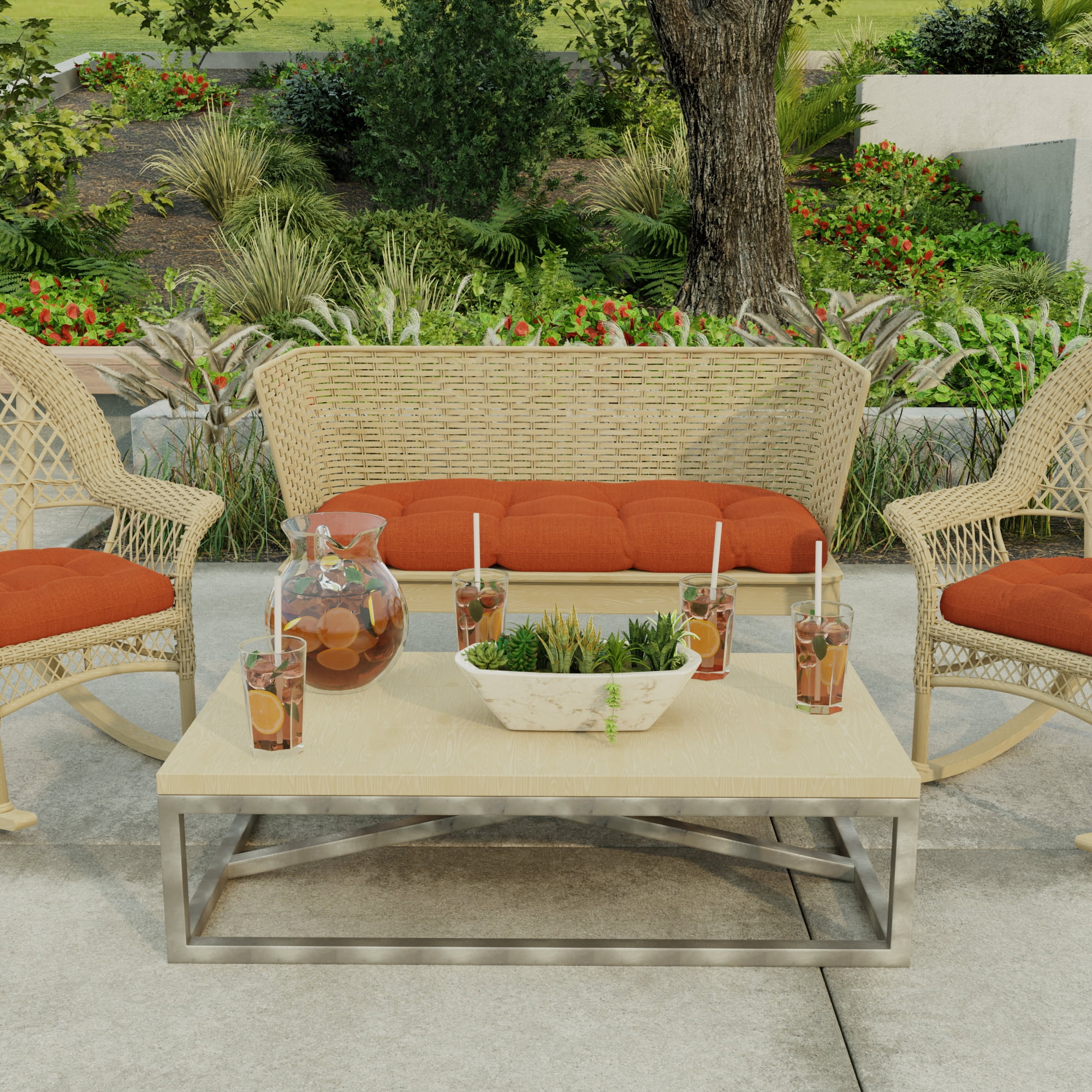 Jordan Manufacturing 44" x 18" McHusk Brick Red Crosshatch Rectangular Tufted Contoured Crosshatch Outdoor Wicker Settee Bench Cushion