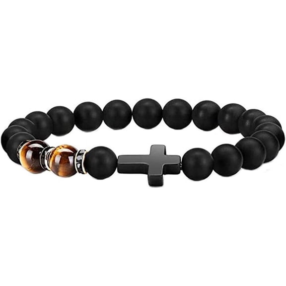 Cross Bracelet for Men Tiger Eye Catholic Rosary Bracelet for Men Boys Adjustable Natural Crystal Stone Bead Anti Anxiety Stretch Bracelet