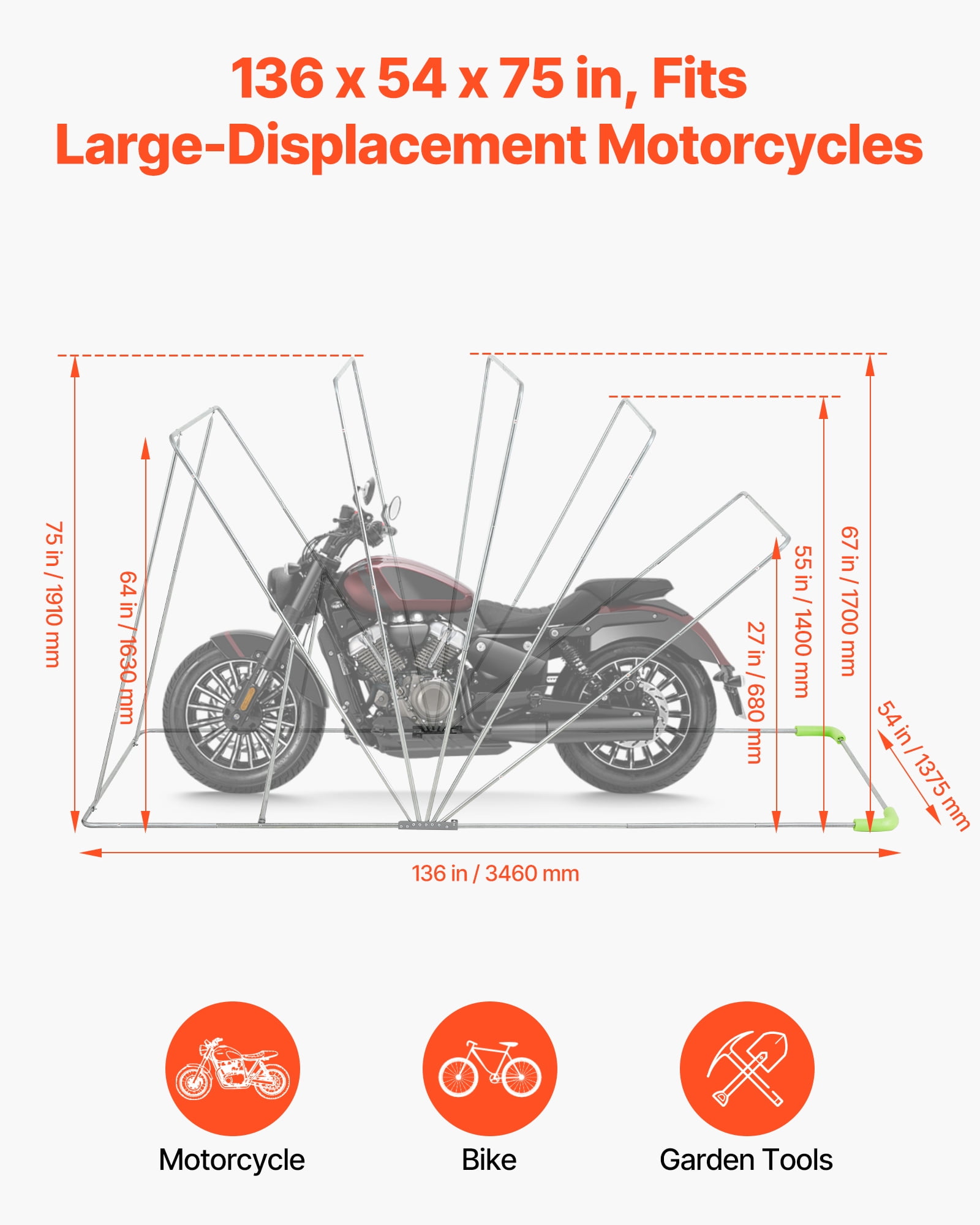 VEVOR Motorcycle Storage Shelter with Security Lock, 600D Oxford Flip-Up Garage Tent, Heavy-Duty All-Weather Motorcycle Cover with Ventilation Windows, 136x54x75 in Outdoor Vehicle Shelter, Black