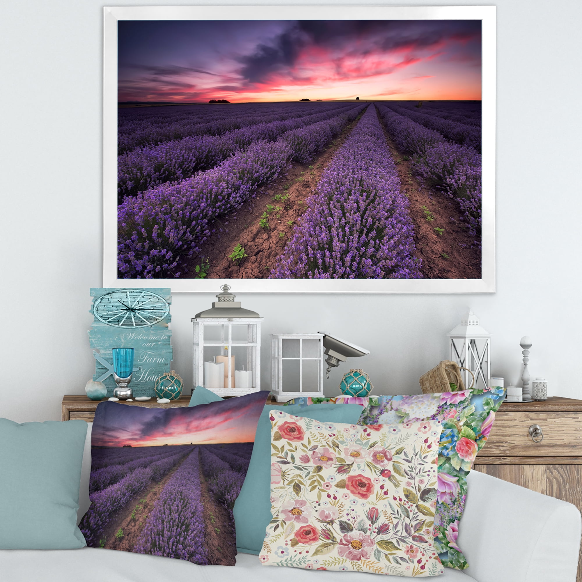 Designart 'Dramatic Clouds and Sunrise Over Lavender Field IX' Farmhouse Framed Art Print