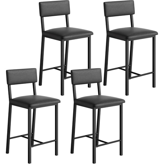 Set of 4 Counter Height Bar Stools - PU Leather Upholstery, Backrest & Footrest, Thick Cushion, Sturdy Metal Legs, Modern Dining Room & Kitchen Island Chairs, Black Leather