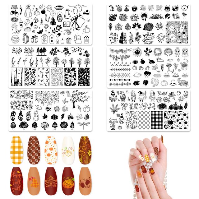 ALIBBON Juego de 6 placas de estampado de uñas de otoño, fondo de hojas, plantillas de sellos para decoración de uñas, kit de plantillas de sellos de árbol de otoño, placas de uñas de metal para el dí