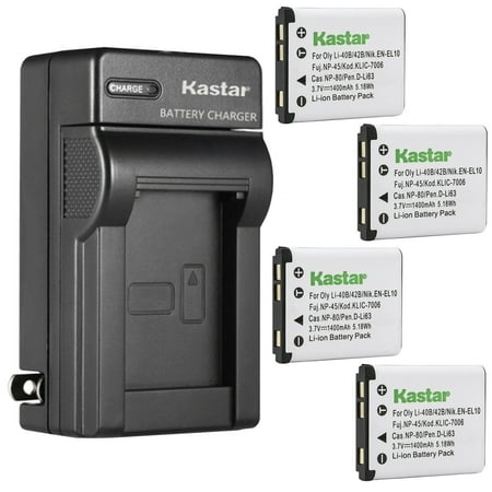 Image of Kastar 4-Pack Battery and AC Wall Charger Replacement for Rico DM-6370 DS-6365 SL-58 SL68 Intova SP-8 Polaroid CTA-00730S Polaroid T730 T831 T833