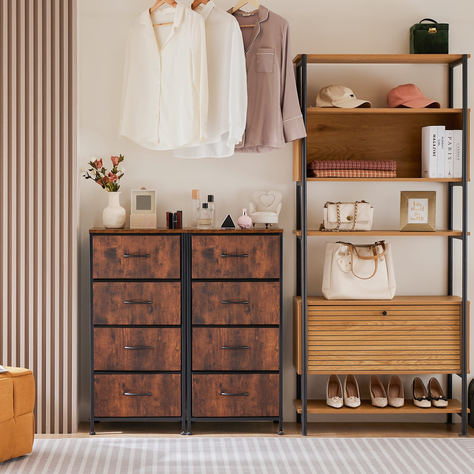 Aidoly Dresser, 4 Storage Drawers, Anti-Tip Fabric Closet Chests Organizer Tower Furniture with Wooden Top, Metal Frame, Rust