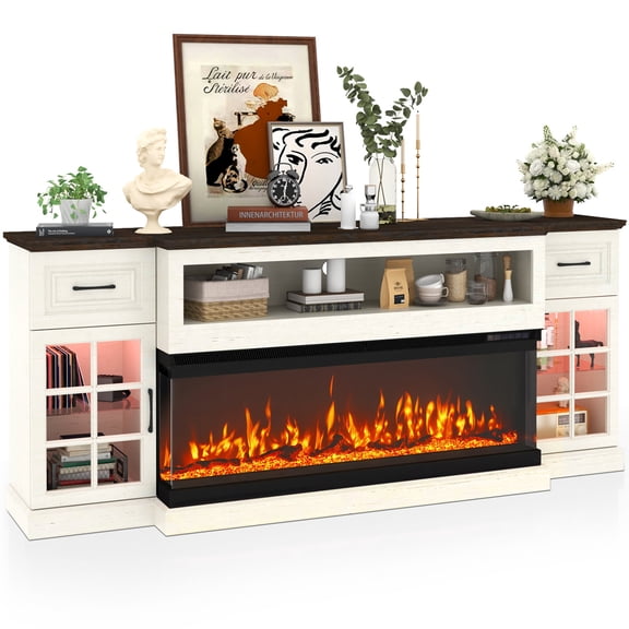 ChVans 3-Sided Glass 81" Fireplace TV Stand for TVs up to 90", Farmhouse Entertainment Center TV Console Table with 50" Electric Fireplace & LED Lights, TV Stand with Fireplace 3D, White