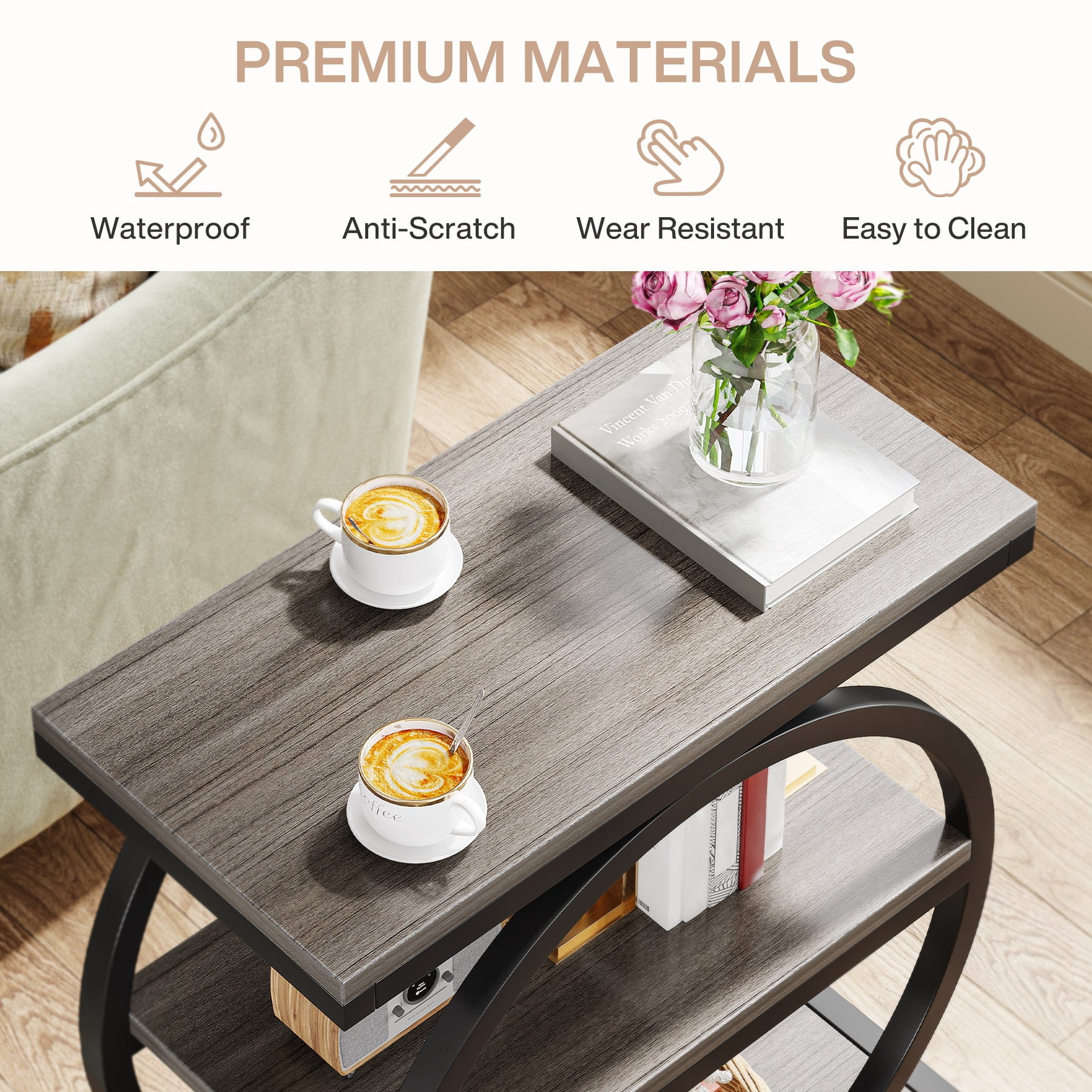 Fnova Side Table with Circular Metal Frame, End Table with 3-Tier Shelves for Living Room, Gray