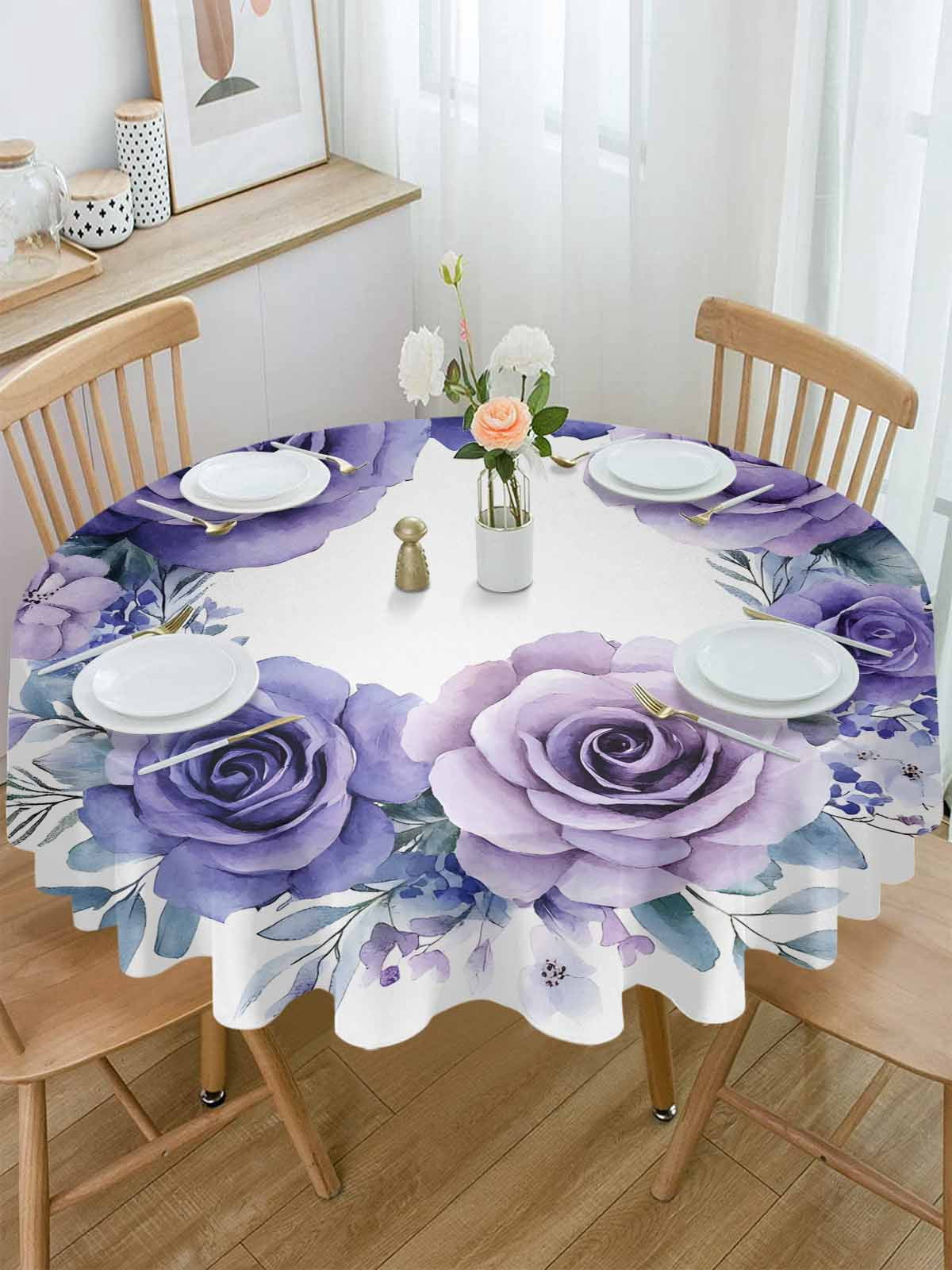 Round Tablecloth Purple Rose Waterproof Oil Proof Polyester Table Cloth Cover Decor for Home Dining Outdoor,Patio,Parties, 60" Dia. Watercolor Rustic Wreath
