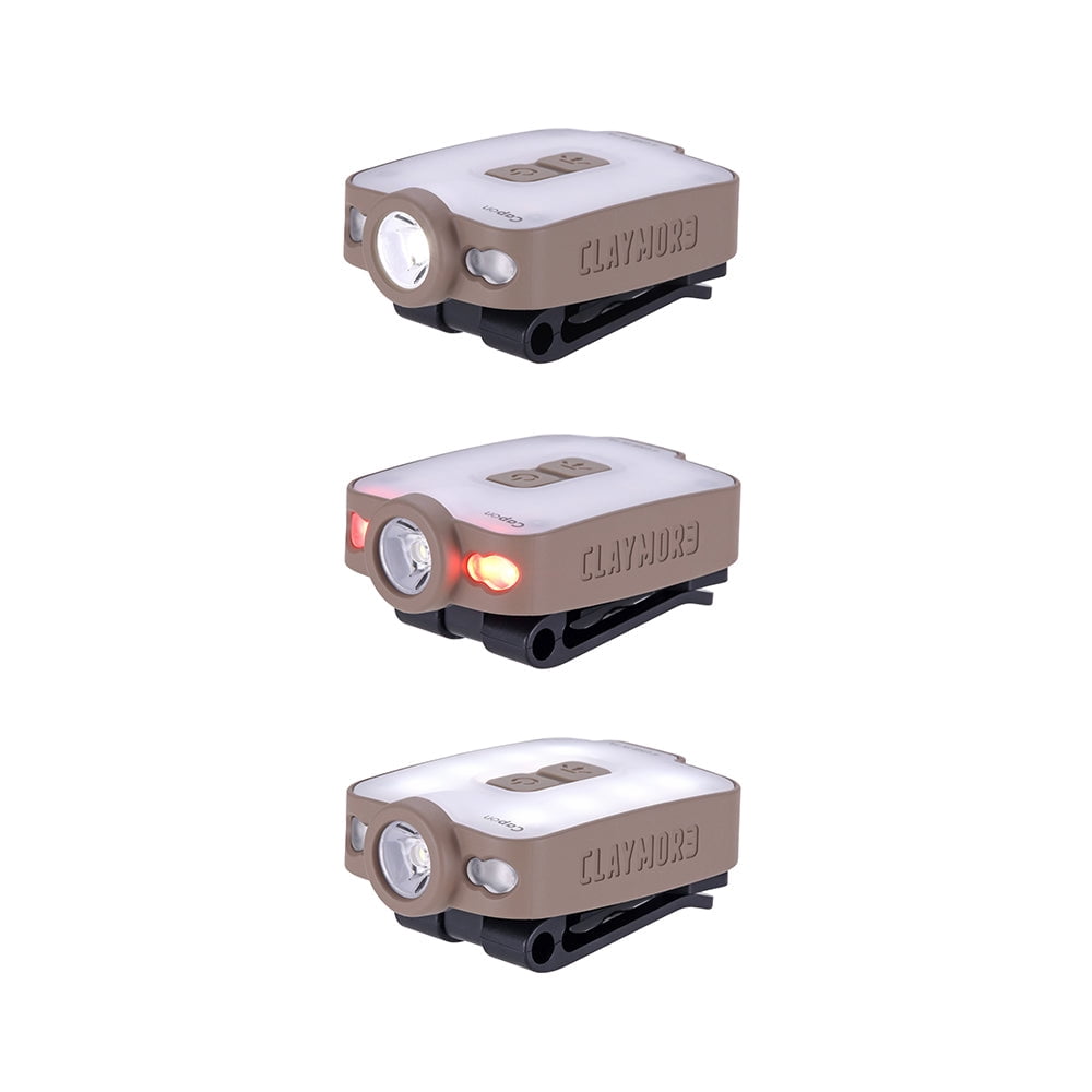 Claymore Capon 40B (Tan) - LED Rechargeable Clip-On Cap Headlamp, Lightweight Hat Light for Camping, Running, Hiking, Emergency & Industrial Use, Waterproof, USB-C, Up to 12 Hours of Battery Life.