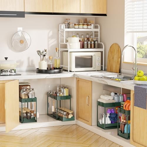 Under Sink Organizer 2 Pack, Sink Pull-Out Sliding Storage Cabinet, 2-Tier Under Shelf Organizer for Kitchen Bathroom, Green
