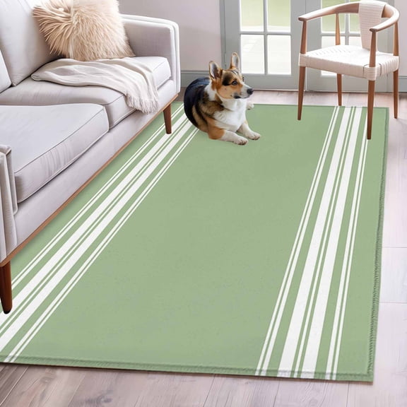 Hallway Runner Rug 2.7'x5', Sage Green Long Non-slip Runner Rugs, Farmhouse Sage Green White Striped Washable Outdoor Indoor Throw Floor Carpet Mat for Living Room/Bedroom/Kitchen/Office/Laundry