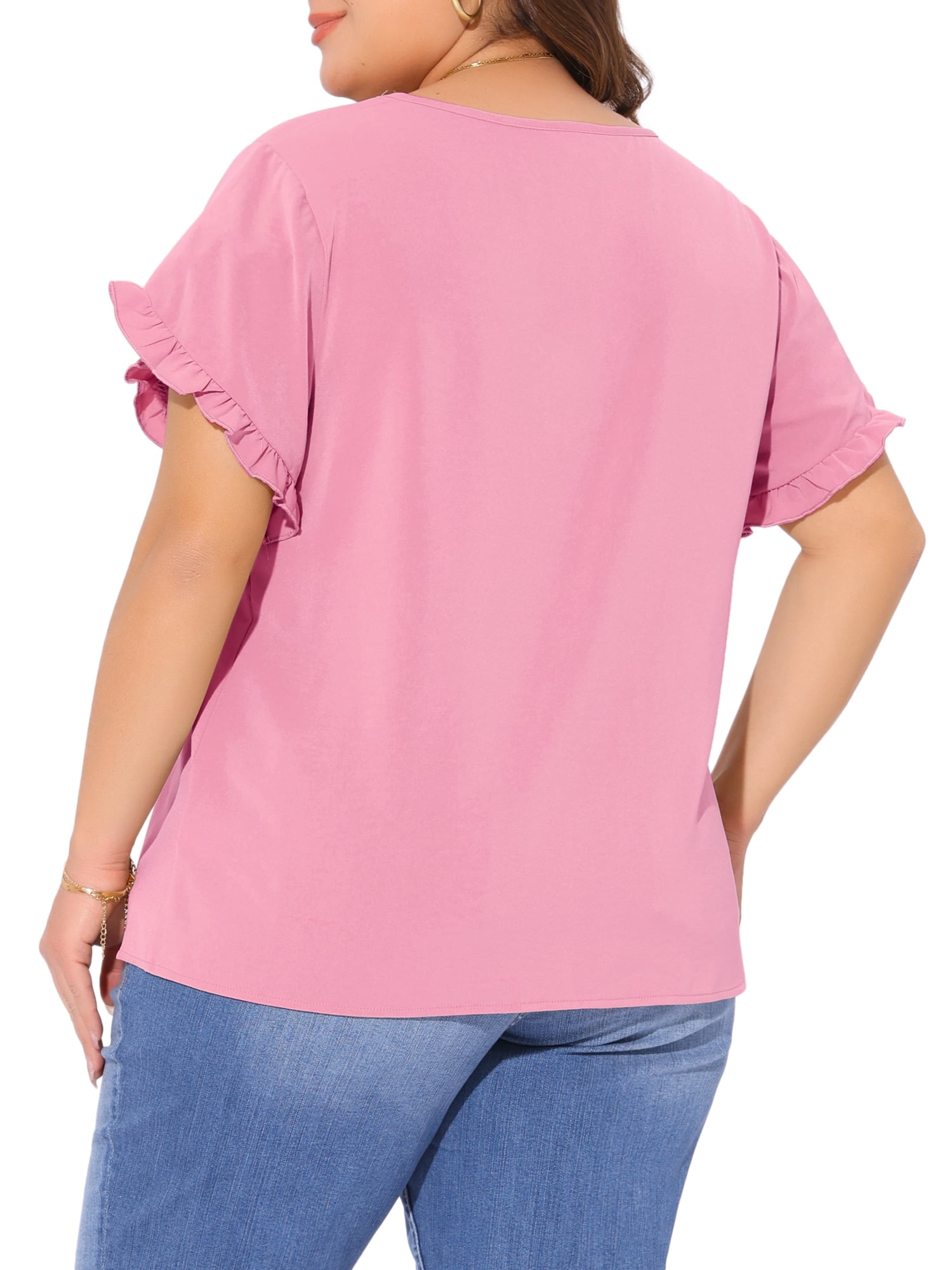DARING DIVA Women's Plus Crew Neck Ruffle Blouse 4X Pink
