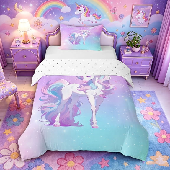 Metsweet Princess Unicorn Twin Duvet Cover, Dreamy Gradient Starry Sky Twin Bedding, Blue Purple Pink,2pcs,1 Duvet Cover and 1 Pillowcase