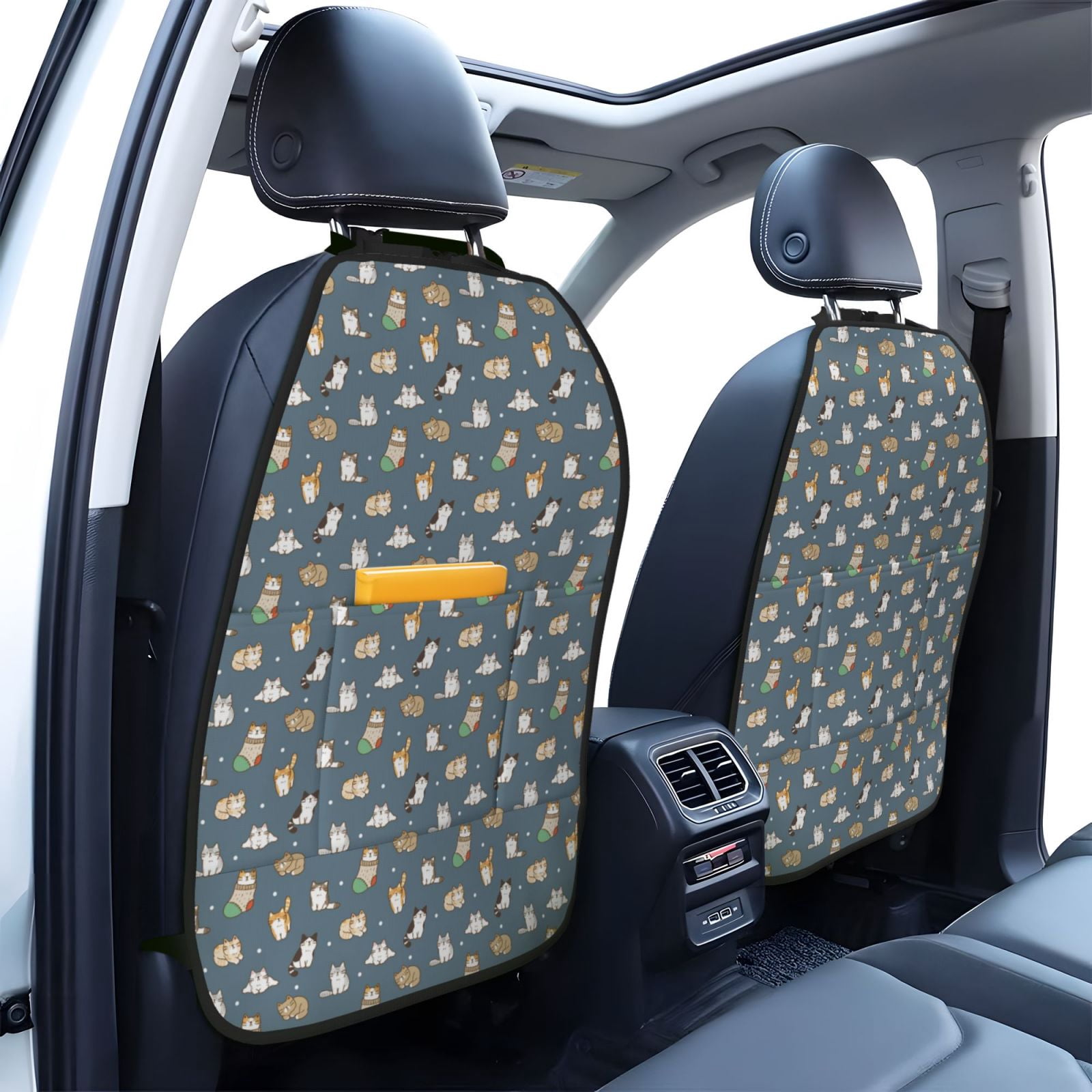 Kdxio Cute Cats And Dogs Print 2 Pack Car Kick Mat Seat Cover Back Protector Mat with Pockets for Organizer Backseat Protector and Storage Anti Kick Pad for Vehicles