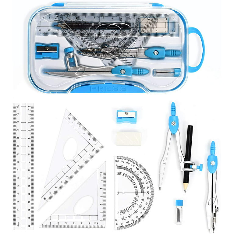 Geometry Math Kit Set Compass and Protractor Set School Drawing Supplies  Kit with Triangles Ruler Eraser Lead Refill, 1x10 Pcs