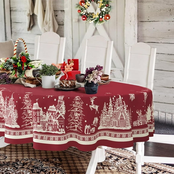 Oval Christmas Tablecloth 54 x 72 In,Christmas Tree Elk Santa Snowflake Red Christmas Tablecloth,Polyester Waterproof Wrinkle Resistant Durable Table cloth for Holiday,Kitchen,Winter and Home Decor