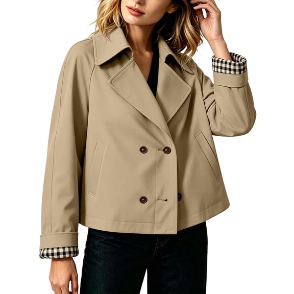 QQZ Relaxed Cropped Double Breasted Trench Jacket Women, Lightweight Cardigans For Women Trendy, Fall Travel Business Casual Commute Street Daily Outfits