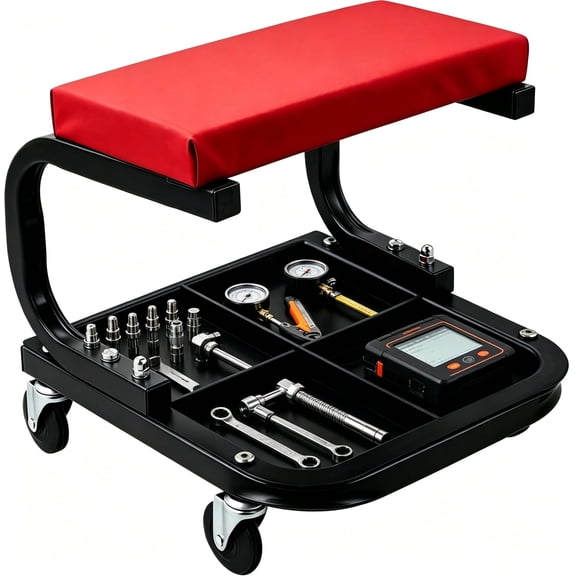 Heavy Duty Rolling Mechanic Creeper Seat with Wheels - 300 lbs Capacity, Padded Garage Shop Stool and Tool Tray - Auto Repair Seat