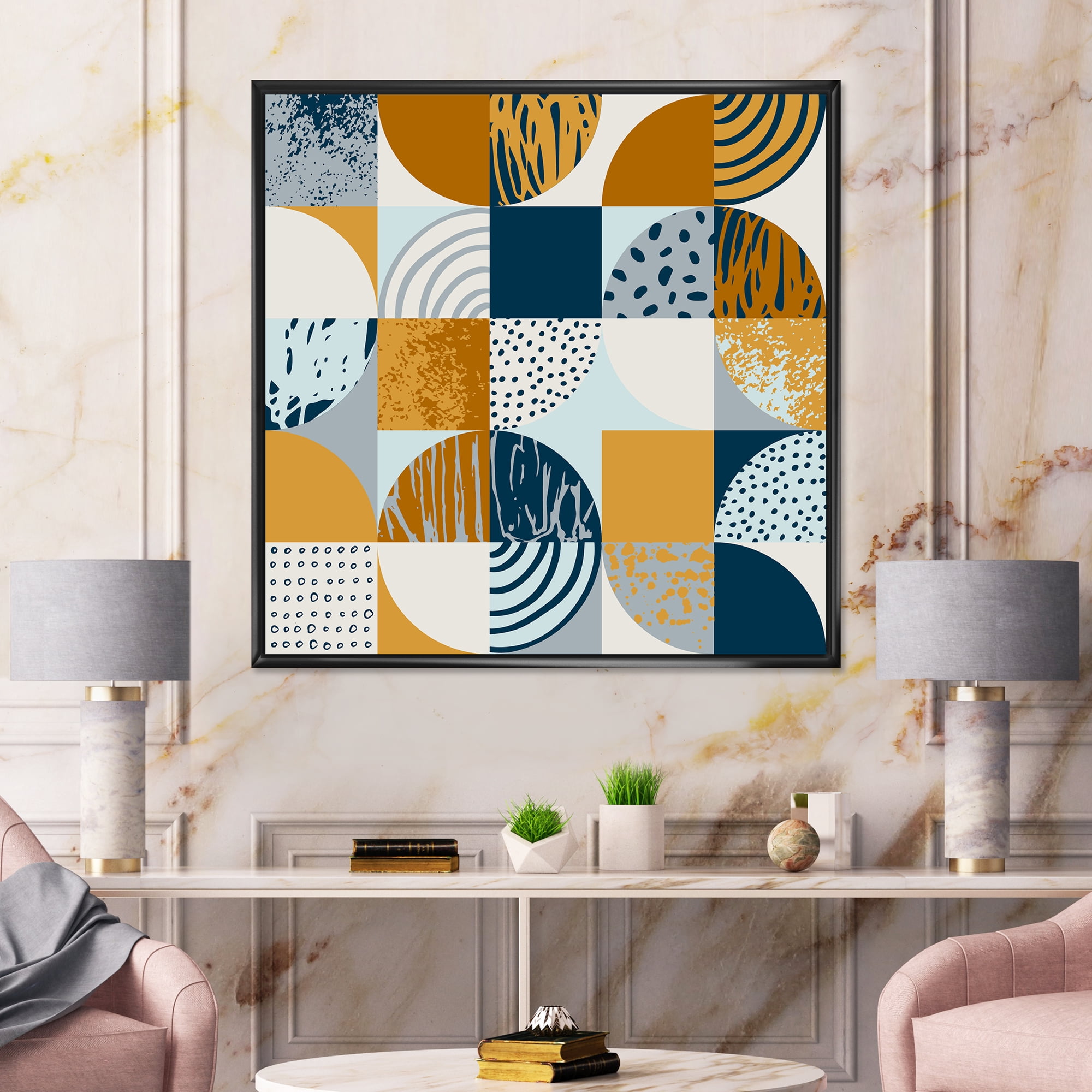 Designart 'Retro Semicircles Squares and Circles' Modern Framed Canvas Wall Art Print