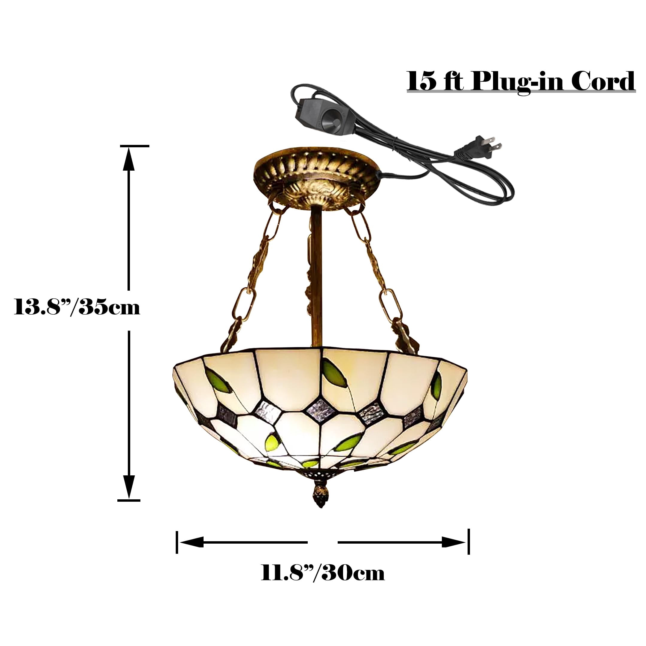 Kiven 11.8in Flush Mount Ceiling Light Fixture Dimmable, 2-Light Anti Glare Close to Ceiling Light with 15FT Plug-in Cord, Tiffany-Style Glass Chandelier for Bedroom Kitchen Hallway(No.3223)