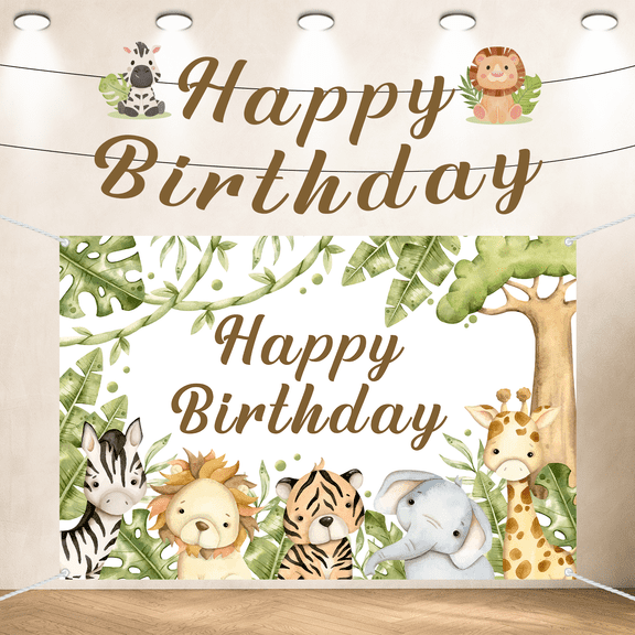Safari Jungle Animals Backdrop Happy Birthday Banner Tropical Green Leaves Baby Girl Boy Photography Background Kid Portrait Party Decoration Photo Studio Booth Props Cake Table Banner