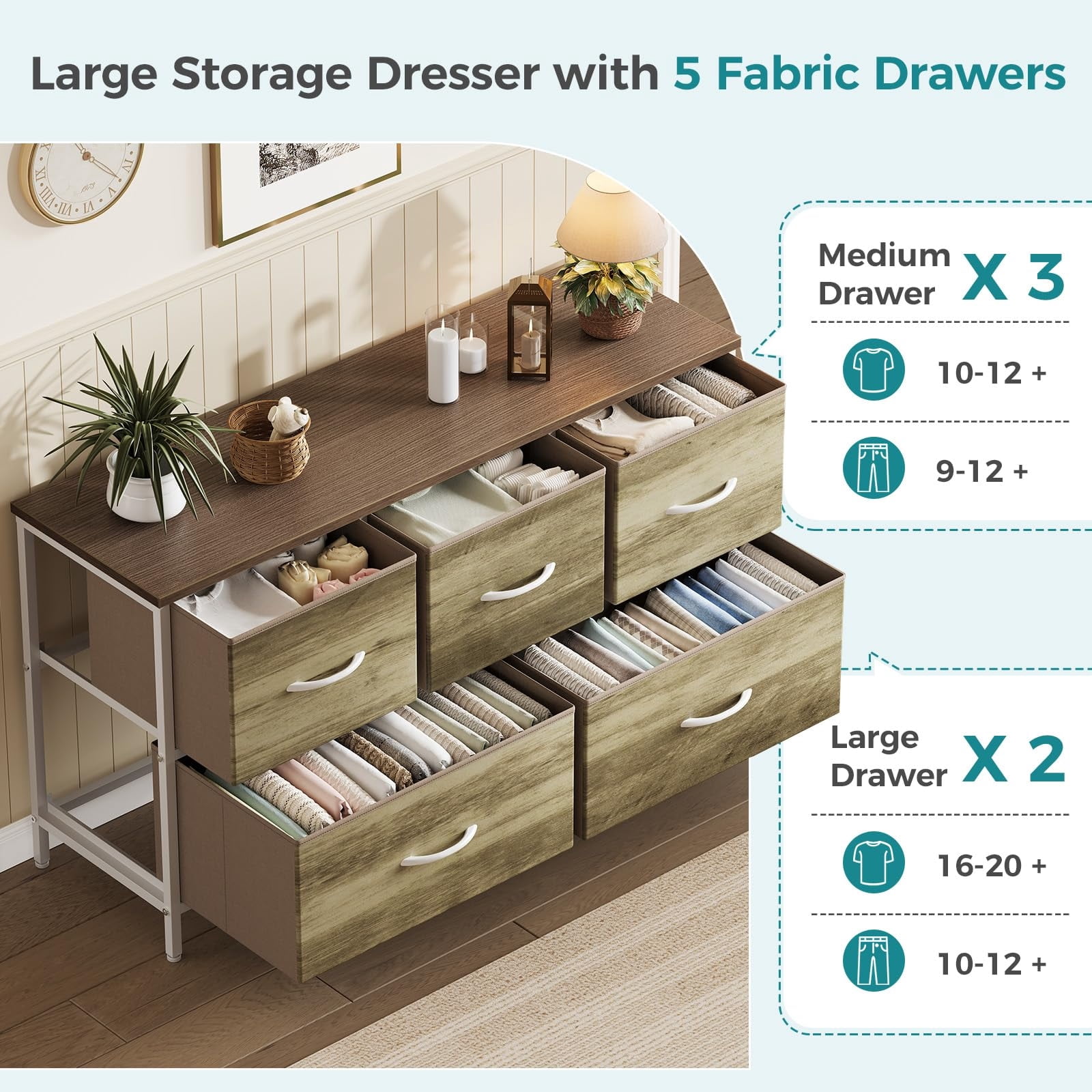 Telyra 5-Drawer Fabric Dresser TV Stand Organizer with Wood Top and Metal Frame, Oak Greige