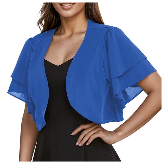 Women's Cardigan Short Sleeve Ruffled Solid Color Open Front Casual Lightweight Top Blouse Outerwear for Summer Outfits