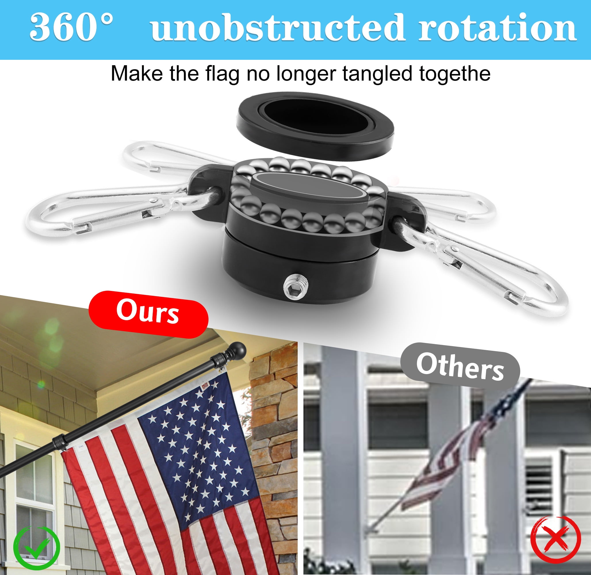 Widyana Metal Flag Pole 5Ft, Include a 3x5Ft US Flag, a Holder, Two No-Tangle Rings, 1 Set, Black