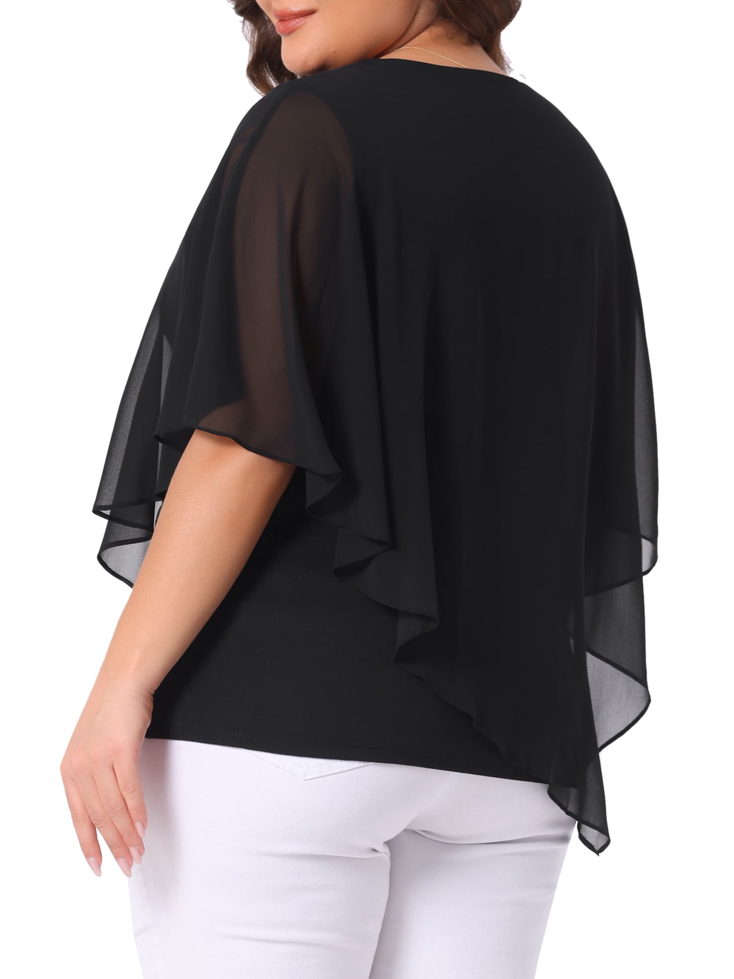 DARING DIVA Women's Plus V Neck Flowy Double Layered Chiffon Blouse 4X Black