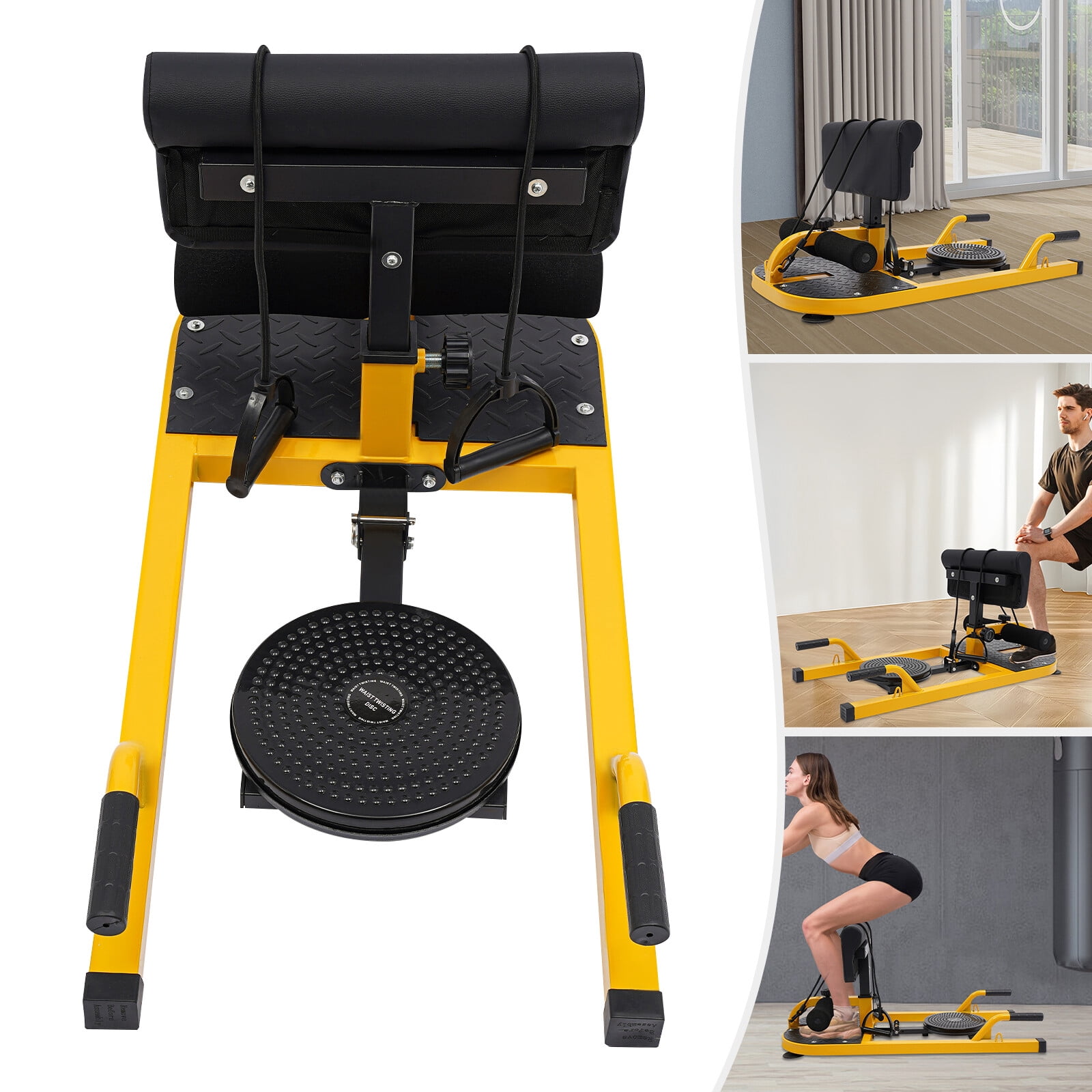 Adjustable Deep Squat Machine - 6-Position Leg Hook & Backrest, 176lb Capacity, for Abs/Thighs/Glutes Workout, Yellow/Black