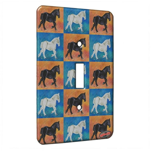 KuzmarK™ Single Gang Toggle Switch Wall Plate - Black Percheron Draft Horse in Autumn Trotting Horse Pattern Art by Denise Every