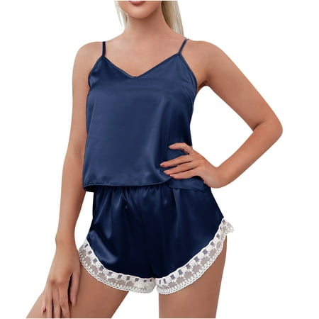 

Silk Pajamas Set Women Satin Camisole Sleepwear Lingerie 2 Piece Pjs Crop Cami Top V Neck and Lace Trim Shorts Nightwear