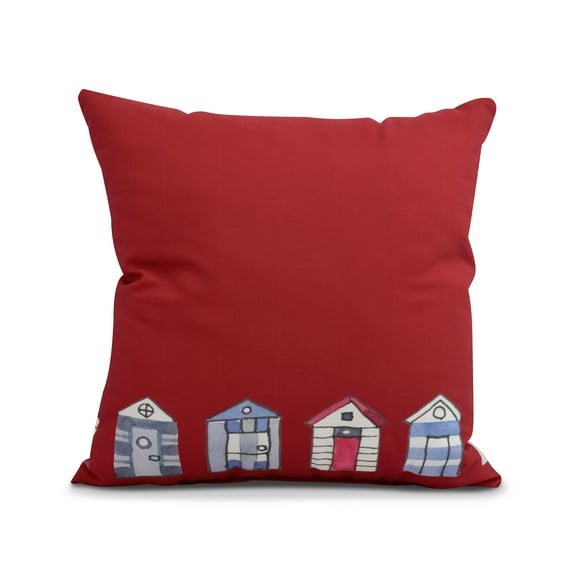 Simply Daisy, 18" x 18" Beach Huts, Geometric Print Outdoor Pillow, Red