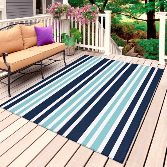 Navy Blue Turquoise Striped Outdoor Rug 3x5 Ft, Non Slip Washable Area Rug, Gradient Horizontal Lines Patio Rugs Carpet Runner, Large Floor Mat for Indoor/Outdoor Deck Porch Camping