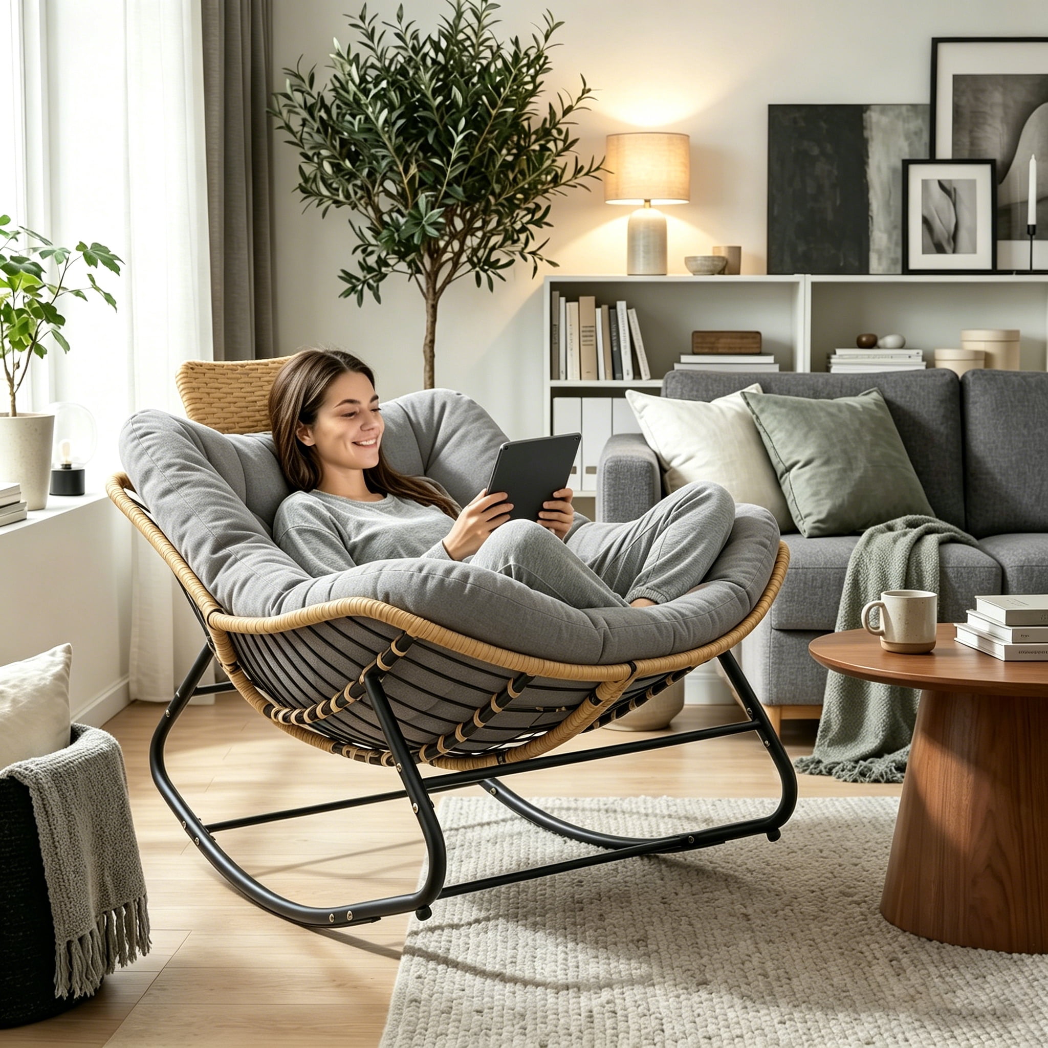 39.37" Rocking Chair Outdoor, Oversized Patio Egg Chair with Thick Cushion And Handwoven Rattan Head Pillow,Indoor Wicker Lounge Rocker Bed for Balcony, Porch, Garden, Dark Grey