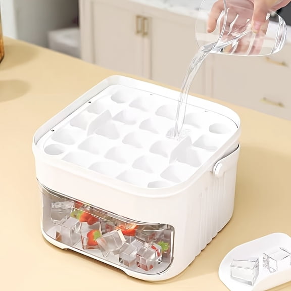 White Press Ice Cube Mold, Single Piece Plastic Ice Tray with Lid, Large Capacity Ice Maker Box, Fit for Mini Refrigerator, Stackable Double Layer Ice Storage Container for Home Use