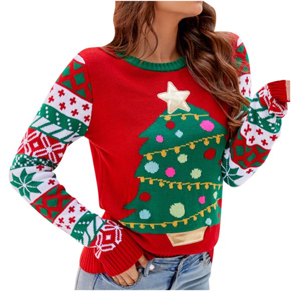 Bowake Chandail de Noël Laid à Manches Longues Col Rond Chandails Mignons Femmes Hiver Doux Chaud Chandail Tricoté