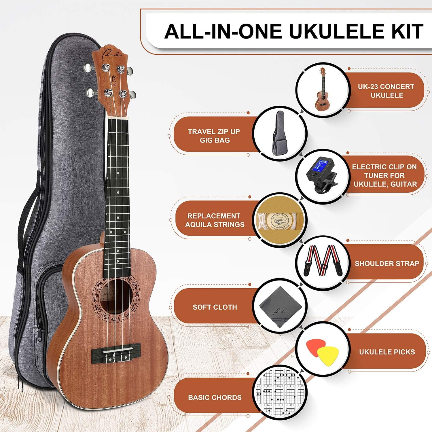Ranch UK-23 Concert Ukulele - 23 inch Beginner Kit with 12 Online Lessons, Gig Bag, Tuner, Strap, Aquila Strings Set