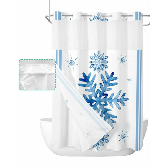 No Hook Shower Curtain with Snap in Liner, Merry Christmas Watercolor Blue Snowflakes Hotel Shower Curtains for Bathroom, Washable Shower Curtain Liner Set with Mesh Top Window, 60"x72"
