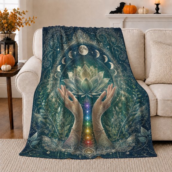 Lotus Hands Flannel Blanket with Moon Phases Leaves Chakra Lights Sacred Geometry, Calm Wellness Room Style, Spiritual Meditation Sofa Bedroom Home Decor, Healing Gift