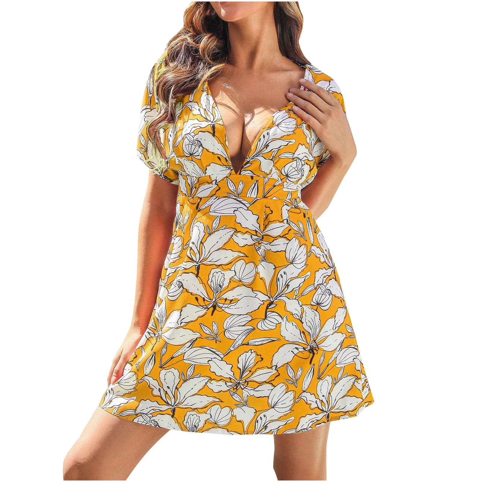 Yzhm Womens Deep Plunge V Neck Sexy Dress Hawaiian Dresses For Women Short Sleeve A Line Floral Mini Dress Sundress Yellow