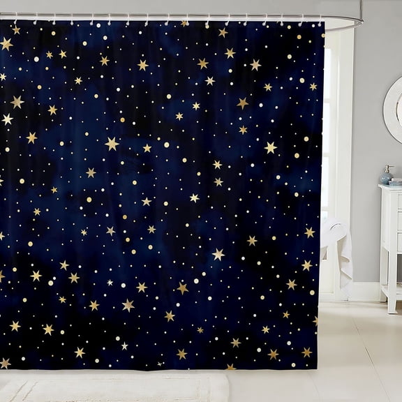Manfei Cute Cartoon Stars Shower Curtain 72Wx72L,Celestial Themed Bathroom Curtain,Gold Navy
