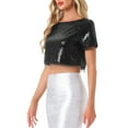thumbnail image 3 of INSPIRE CHIC Women's Top Sequin Glitter Short Sleeve Cropped Round Neck Tassel Cocktail Party Sparkly Top S Black, 3 of 4