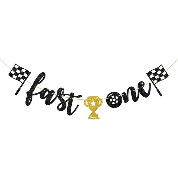 Glitter Fast One Banner, Racing Theme Baby Shower/Kids 1st Birthday Party Decoration Supplies, Boys Girls Children One Year Old Birthday Party Decor Banner