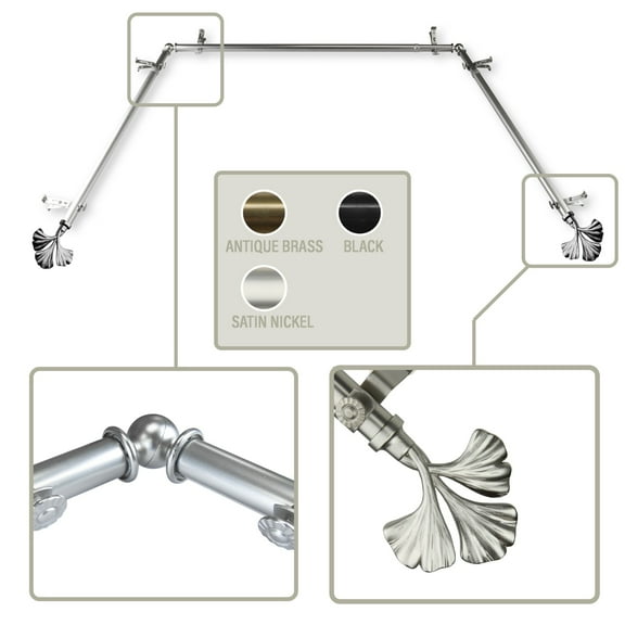 Maidenhair 13/16 inch Bay Window Curtain Rod 20-36", 38-72" - Satin Nickel