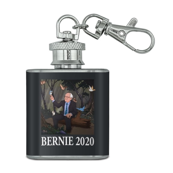 Bernie Sanders 2020 with Birds In A Forest Retro Cartoon Stainless Steel 1oz Mini Flask Key Chain