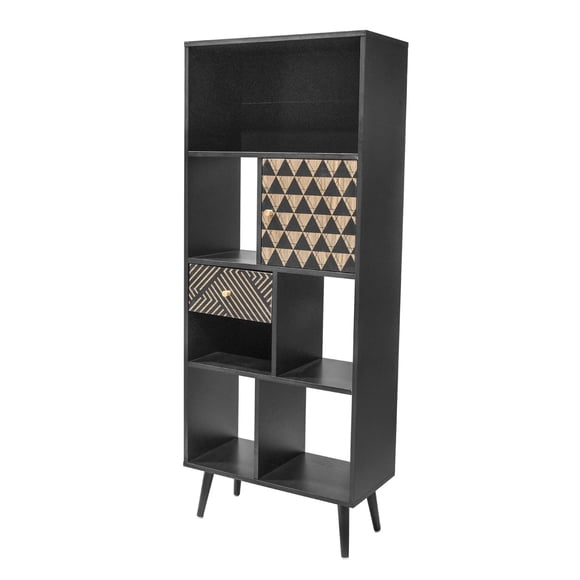 Librero Top Living Moderno con Estantes Cajón y Puerta Negro con Detalles Café